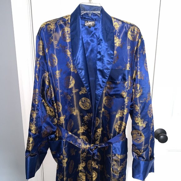 Sue’s Fashion Dark Blue Gold Dragon Motifs XXL Long Kimono Robe Tie Sash Pockets - Picture 4 of 6